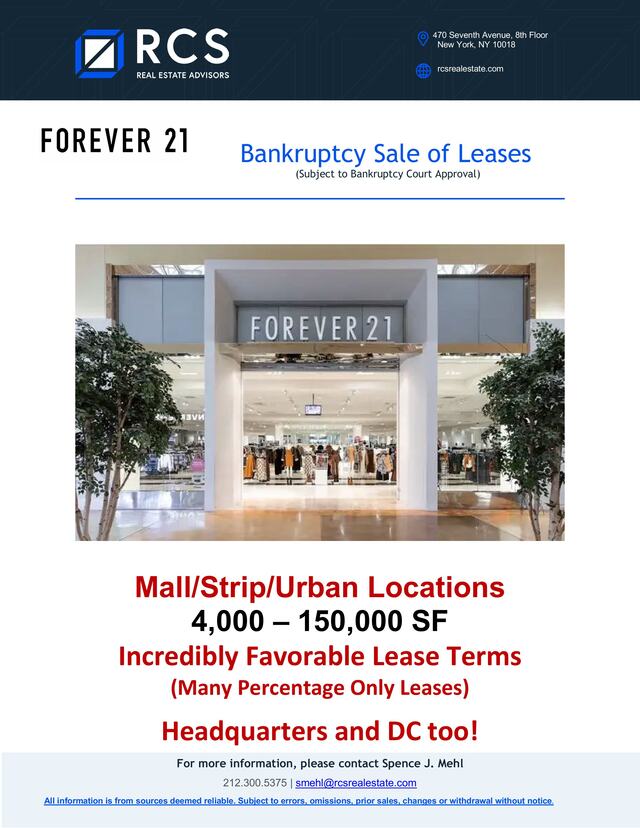 FOREVER 21 Bankruptcy Sale of Leases